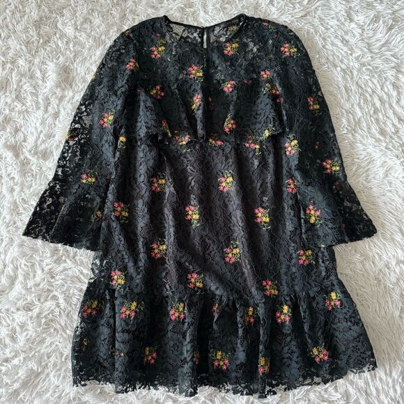 Zara Navy Ruffle Lace Dress with Embroidered Floral Detail Size S - Picture 5 of 7